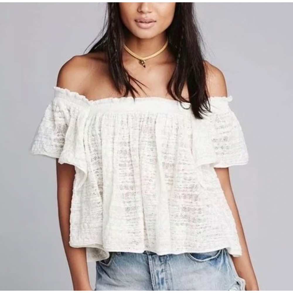 Free People Thrills & Frills Off the Shoulder Top Ivory Cotton Knit Boho Small